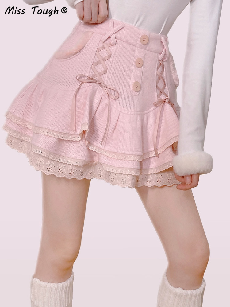 Japanese Sweet Lolita Mini Skirt Women Winter Lace Casual Elegant Kawaii Female High Waist Bandage Korean Y2k 220317