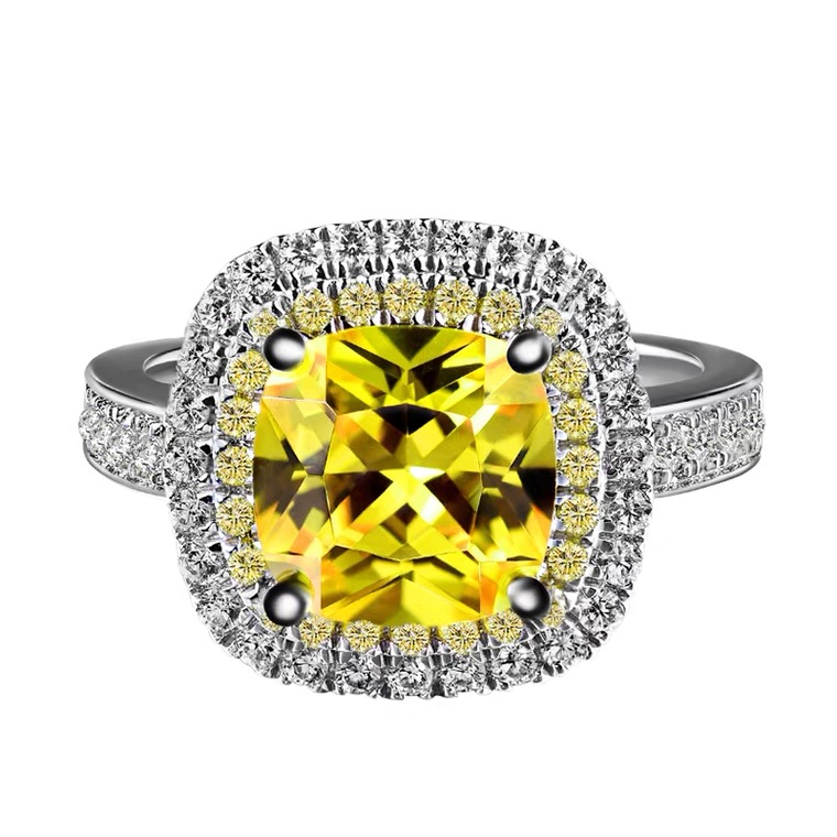Size 5-10 Wedding Rings Luxury Jewelry 925 Sterling Silver Fill Cushion Shape Large Yellow 5A Cubic Zircon CZ Diamond Eternity Women Pave Engagement B