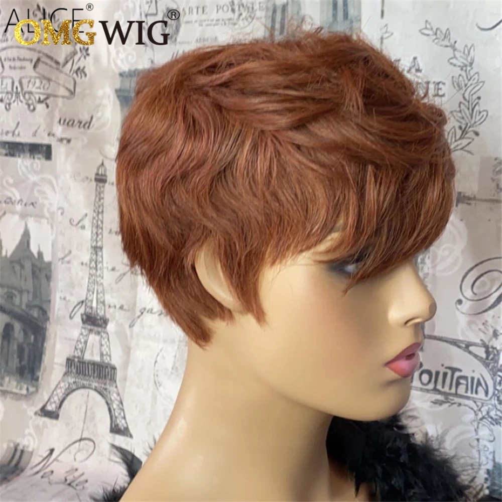 Short Pixie Cut Straight Bob Human Hair Wavy No Lace Brazilian Wigs With Bangs For Black Women