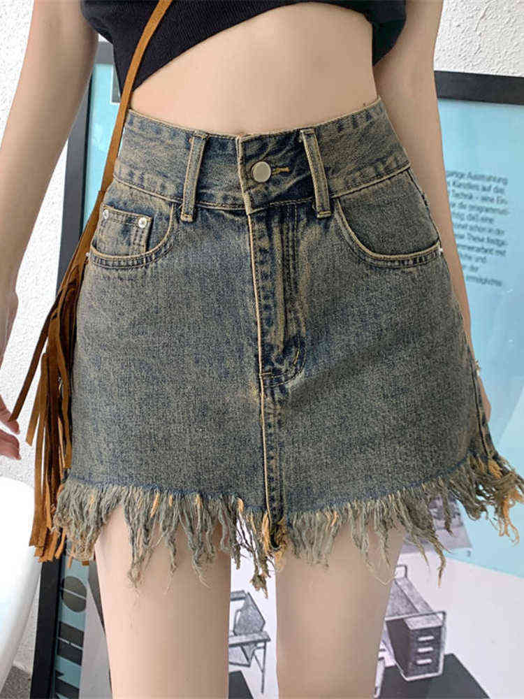 

HOUZHOU Vintage Distressed Raw Edge Jean Skirt Women Korean Fashion Summer High Waist Sexy Tassel Denim Mini Skirt Streetwear T220819, Picture