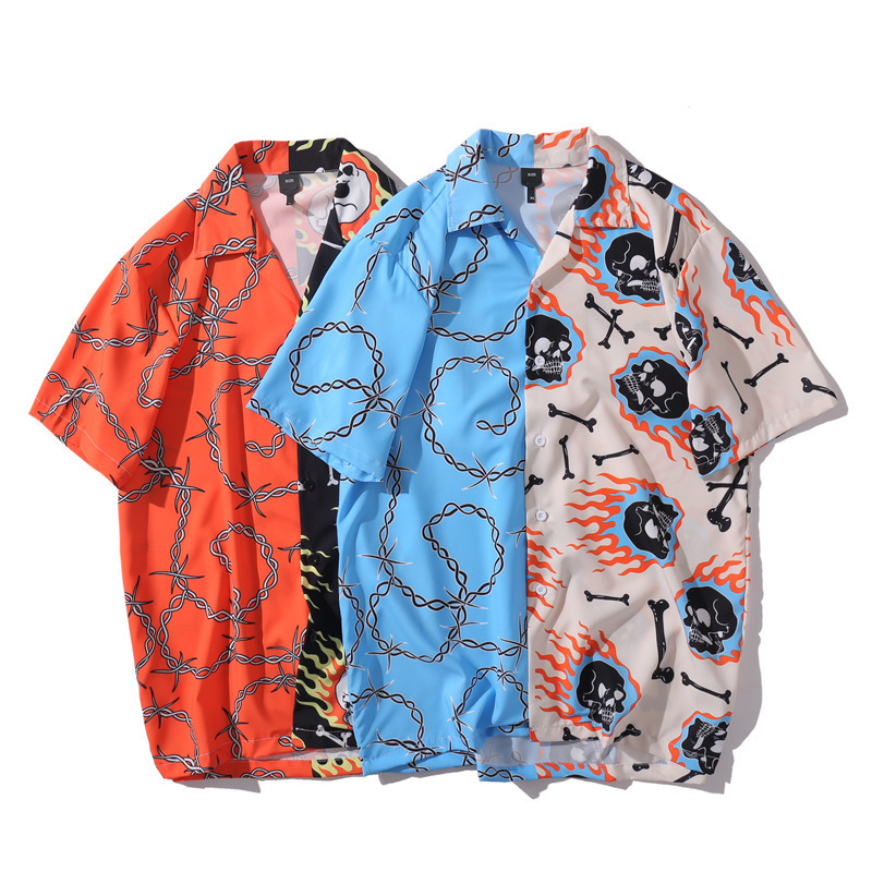 Vintage Shirt Summer Men Hawaiian Short Sleeve Mens Casual Lightning Skeleton Print Beach s Man Oversized Hemd 220322