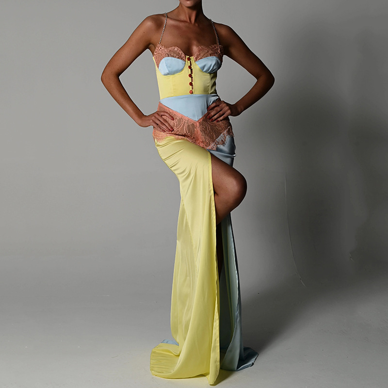 Tinastyle Chains Strap Sexy Satin Dress Women Short Lace Patchwork Bodycon Mini Party Vestidos Y2K Nightclub Streetwear 220613