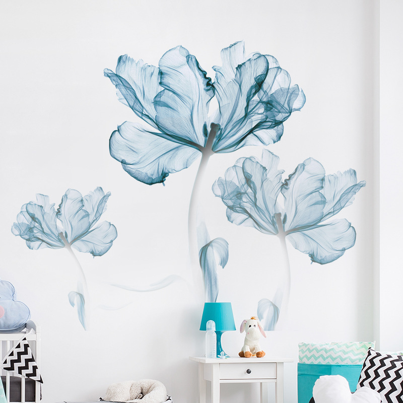 Large Nordic Art Blue Flowers Living Room Decoration Vinyl Wall Stickers DIY Home Decor Modern Bedroom Wall Posters