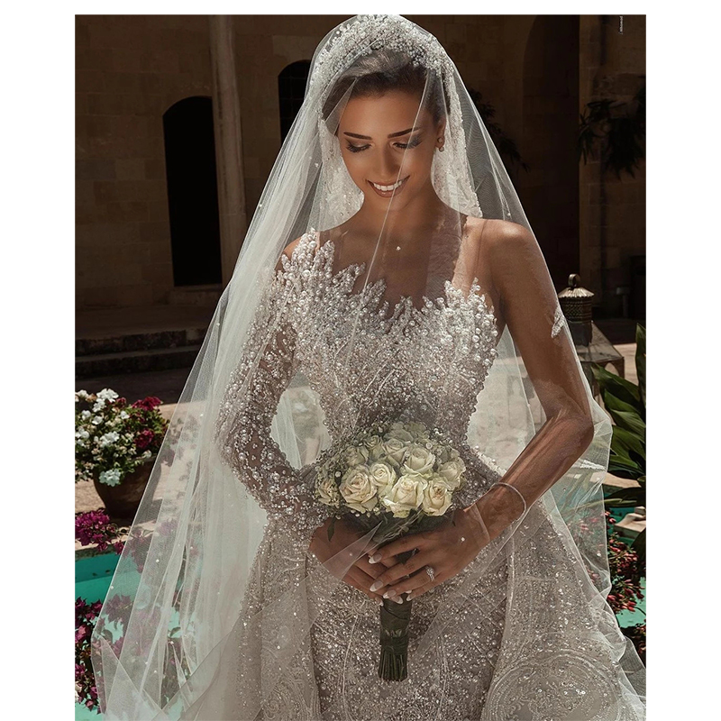 urious Ball Gown Wedding Dresses Strapless One Long Sleeve Bateau Sequins Appliques Detachable Train or Length Bridal Gowns Plus Size robes de soiree