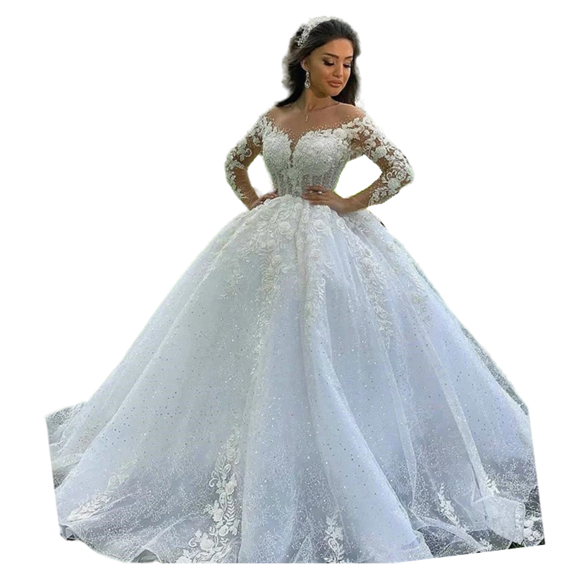 Princess Ball Gown Wedding Dresses 3D Floral Lace Appliques Bridal Gowns 2022 Crew Neck Long Sleeves Vestido Casamento Lace Up Appliqus Beaded Bride D