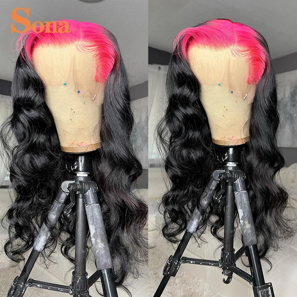 Highlight Pink Body Wave Wig Pre Plucked 13X4 Synthetic Lace Front Ombre Color Transparent Cosplay Wigs For Black Women