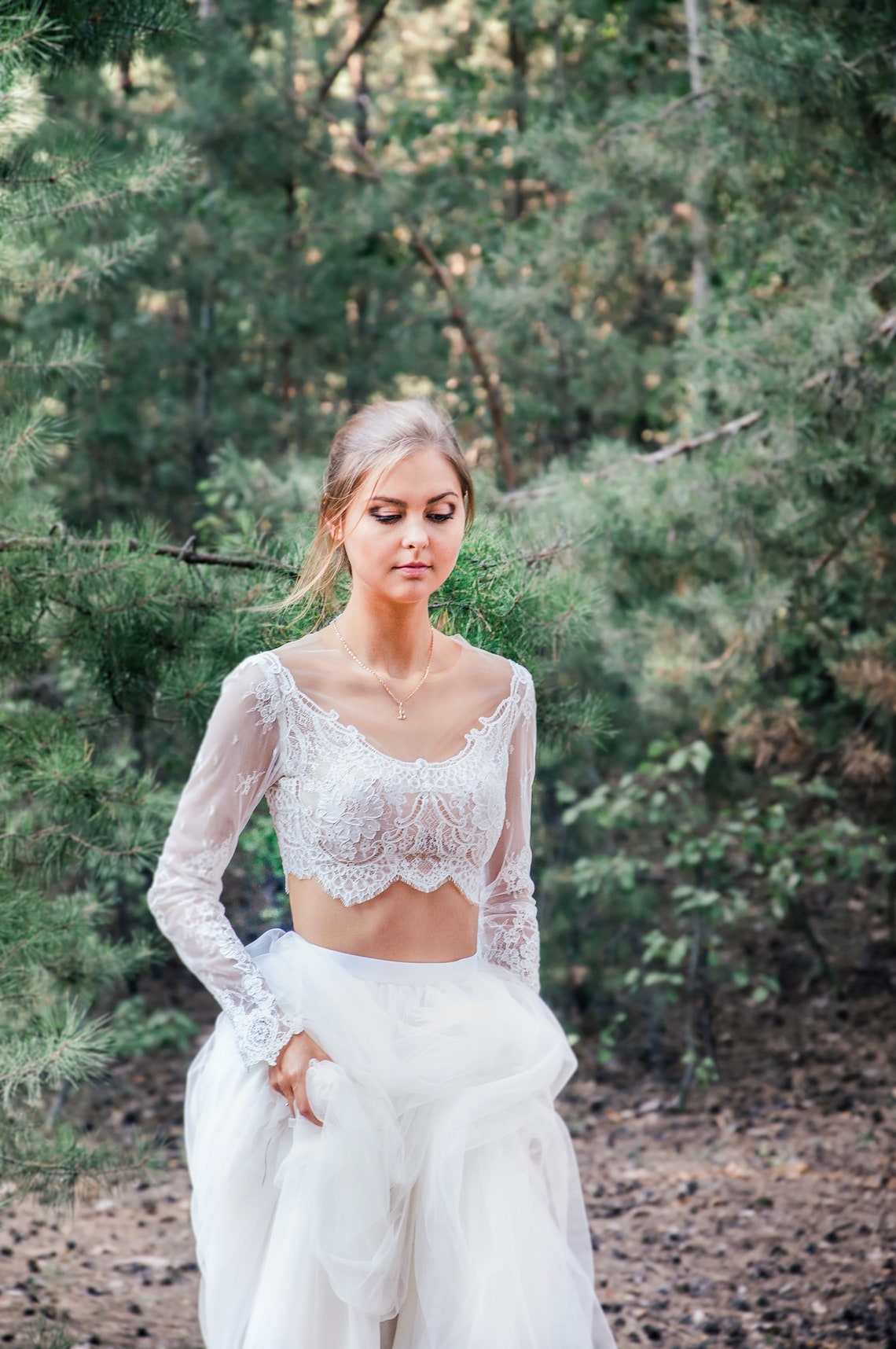 Bohemian A Line Wedding Dress Two Piece Long Sleeve Ivory Lace Tulle Beach Bridal Gowns Sheer Neck Country Boho Bride Dresses 2022 Robe De Mariage