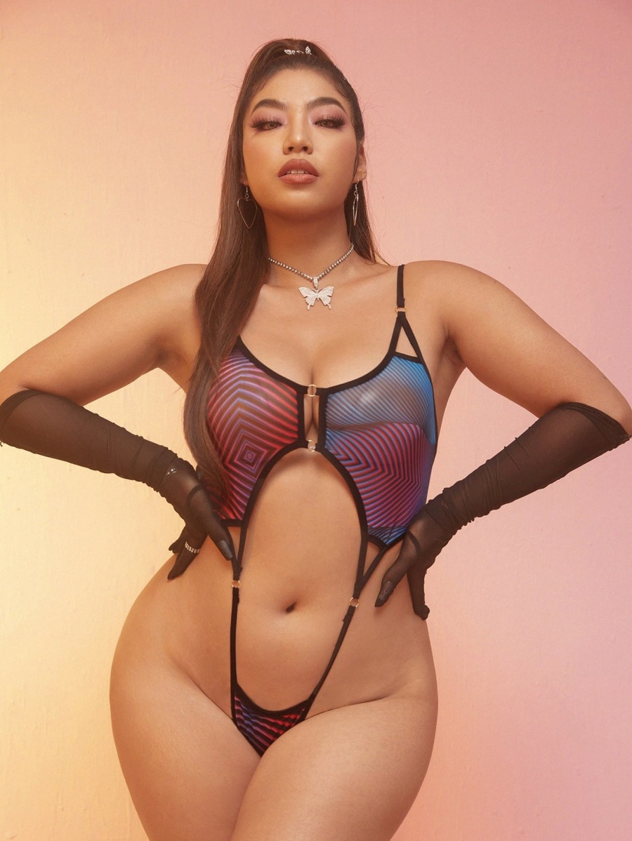 plus Cut-out Sheer Mesh Teddy Bodysuit h3zi#