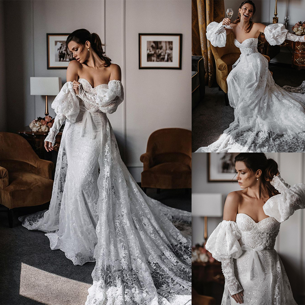 Unique Mermaid Wedding Dress With Strapless Long Sleeve High Collar Backless Lace Up Organza Applique Beads Formal Occasion Custom Made De Mariée