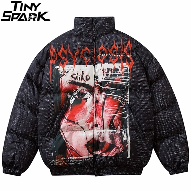 Mens Hip Hop Oversized Parka Jacket Streetwear Illusion Girl Print Jacket Harajuku Cotton Winter Padded Jacket Coat Warm Outwear 201128