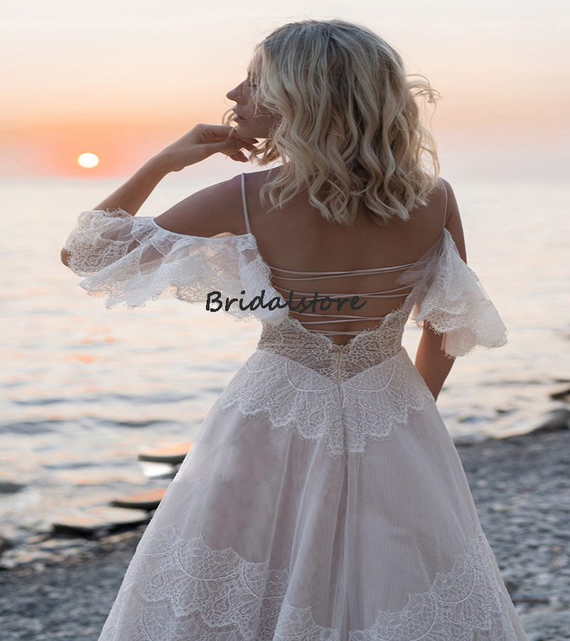 Chic Fairy Boho Lace Wedding Dress 2022 A Line Spaghetti Straps Cupcakes Beach Robe De Mariée Corset Back Civil Hippies Bohemian Country Bride Dresses