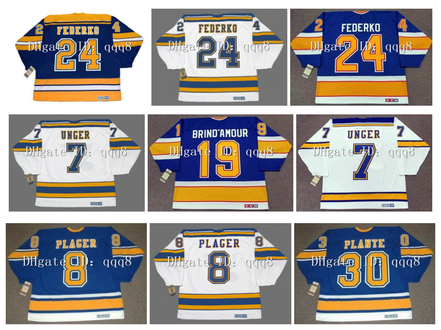 Vintage Jersey Blues BERNIE FEDERKO 19 Rod Brind'amour 7 GARRY UNGER 8 BARCLAY PLAGER 30 Jacques Plante Blue White CCM Hockey, As pic
Vintage Jersey Blues BERNIE FEDERKO 19 Rod Brind'amour 7 GARRY UNGER 8 BARCLAY PLAGER 30 Jacques Plante Blue White CCM Hockey, As pic