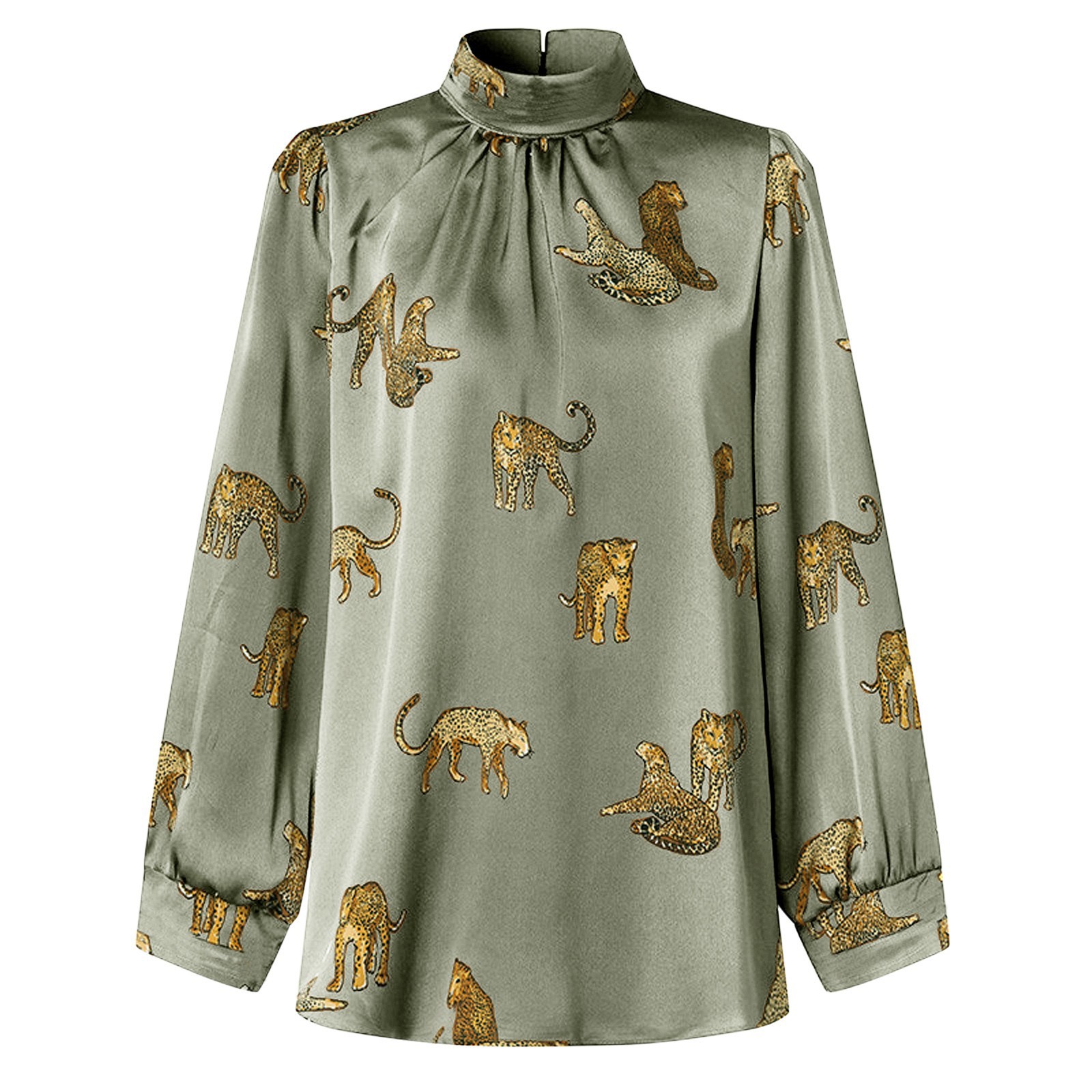 2022 Women Satin Elegant Blouses Tiger Print Long Sleeve Shirts Tunic Summer Stand Collar Party Top Casual Blusas Femininas