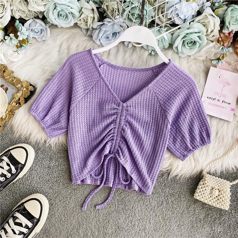 Women's T-Shirt Summer V-neck Drawstring Knitting Short Sleeve Knitted Top Woman Clothing Sexy Slim Ladies Clothes, Purple
Women's T-Shirt Summer V-neck Drawstring Knitting Short Sleeve Knitted Top Woman Clothing Sexy Slim Ladies Clothes, Purple