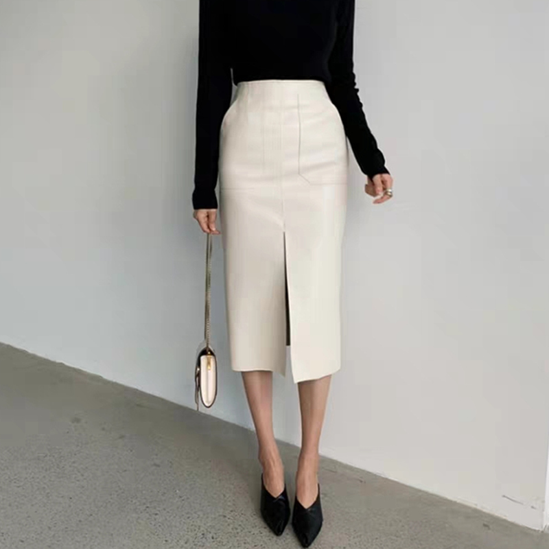 Slim Straight Faux Leather Skirts Women Spring Package Hip Long PU Jupe Chic Split Designed Fashion Solid Mujer Faldas 220317