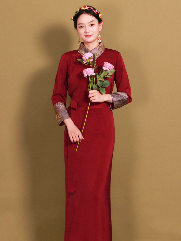 Modern Women ethnic clothing national style cheongsam long Sleeve Qipao Traditional oriental gown Asia elegant dress tibetan costume