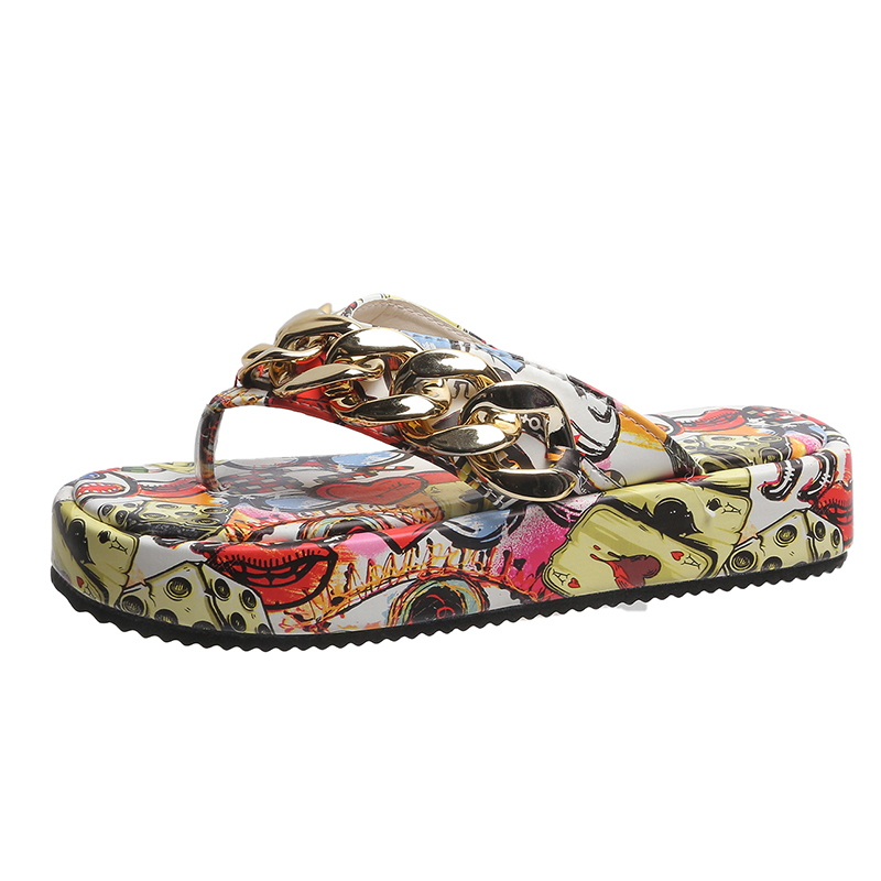 Women Summer Colorful Graffiti est Fashion Chain Flip-ps Sandal New Slippers Shoes Woman Flat Platform Sandals Plus Size 43 220506