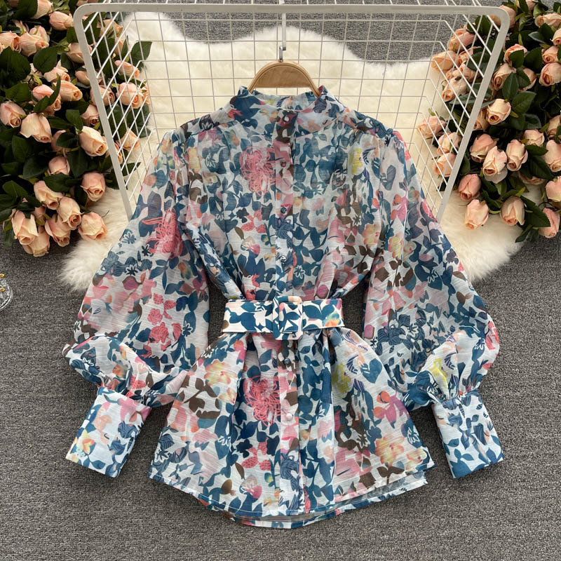 Fried Street Spring And Summer Ladies Style Temperament Puff Sleeve Shirt Women Retro Printed Wide Leg Shorts Two-piece Set 220506