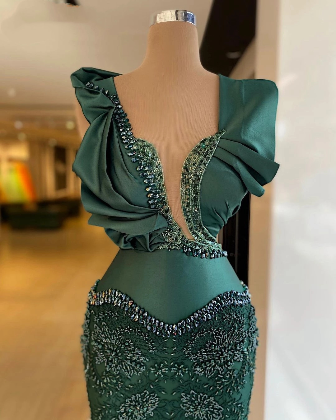 Green Beading Mermaid Evening Dress V Neck Custom Made Women Party Gown Crystal Lace Sequined Prom Robe