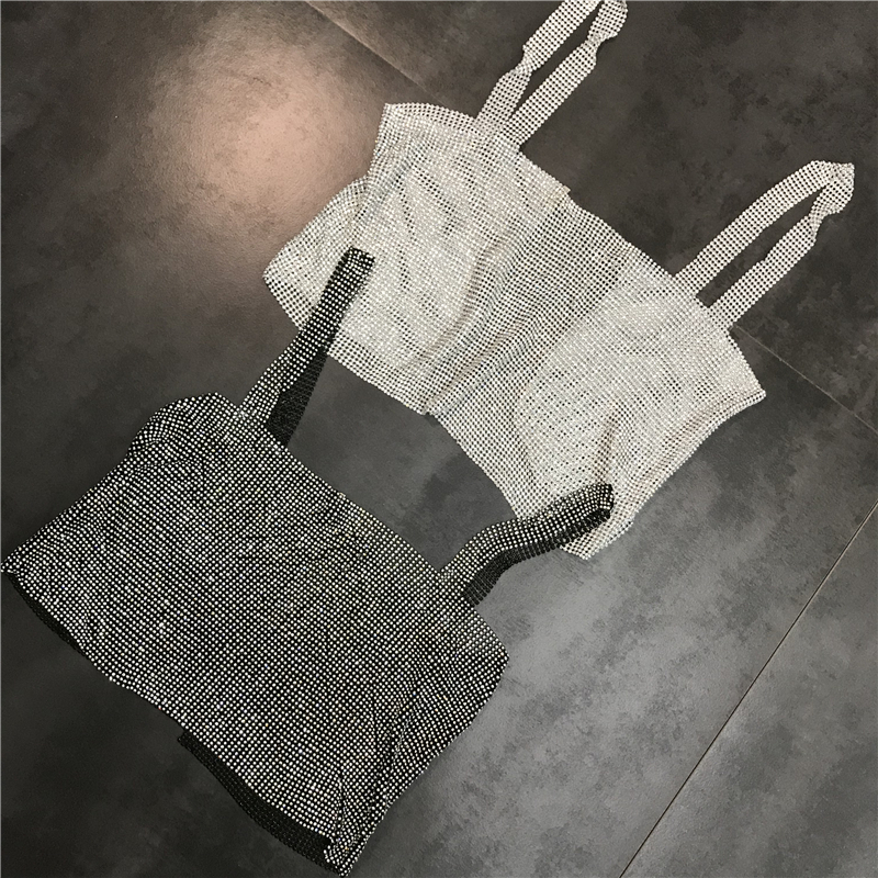 New fashion womens sexy club party full rhinestone patched bck hollow out shinny bling spaghetti strap vest crop top tank camisole