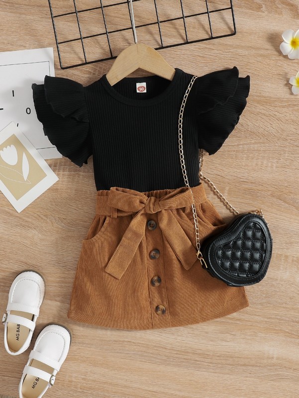 Toddler Girls Ruffle Trim Top & Belted Skirt SHE