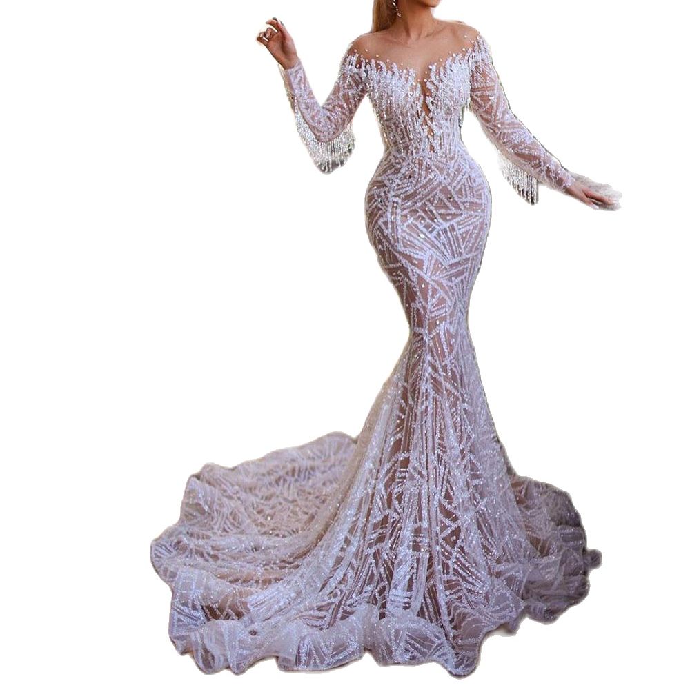 Luxury Shiny Mermaid Wedding Dress Beads Lace Sequins Tassel Full Sleeve Bridal Gown Crystal Floor Length Robe Custom Made