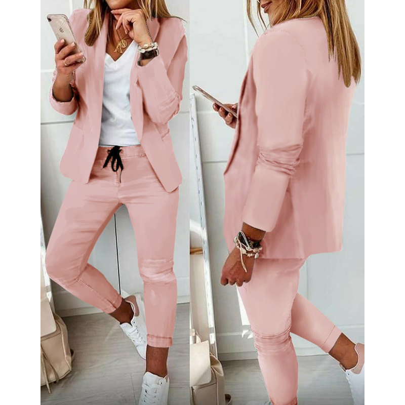 Office Lady Black Solid Lapel Neck Blazer Coat Jacket & Drawstring Ankle Length Pants 2 Piece Set Women Autumn Winter Clothes 220315