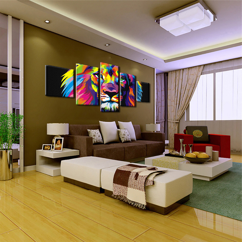 Modular Pictures Living Room Decor Wall Art HD Prints Abstract Posters 5 Pieces Colorful Lion Head Canvas Painting No Frame