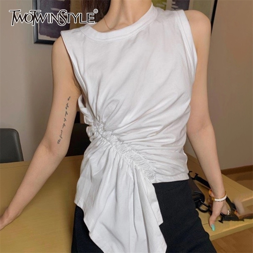 TWOTWINSTYLE Casual White T Shirt For Women O Neck Sleeveless Ruched Irregular Slim T Shirts Females Summer Fashion Stylish 220408