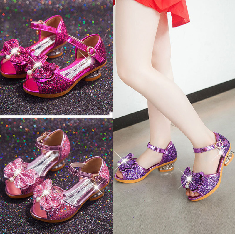 Childrens Shoes Summer Casual Glitter Bowknot Spring High Heel Girls Shoes Fashion Princess Dance Party Sandals 220622