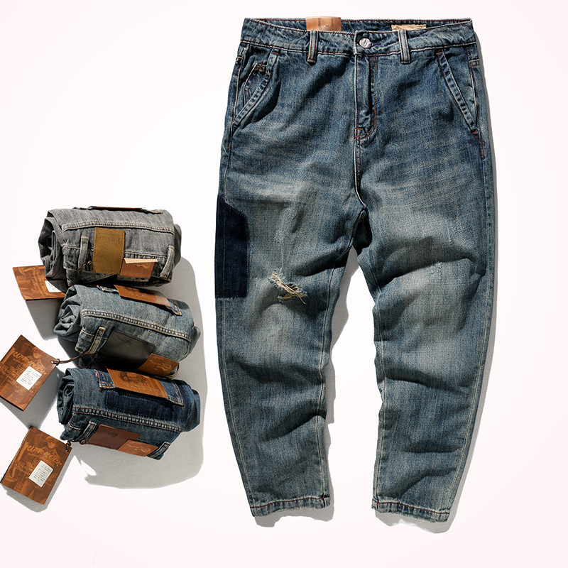 Four Seasons Retro Holes Jeans Men's Fashion Loose Straight Tube High Street Moustache Effect Washed Old Nine-point Pants, Blue
Four Seasons Retro Holes Jeans Men's Fashion Loose Straight Tube High Street Moustache Effect Washed Old Nine-point Pants, Blue