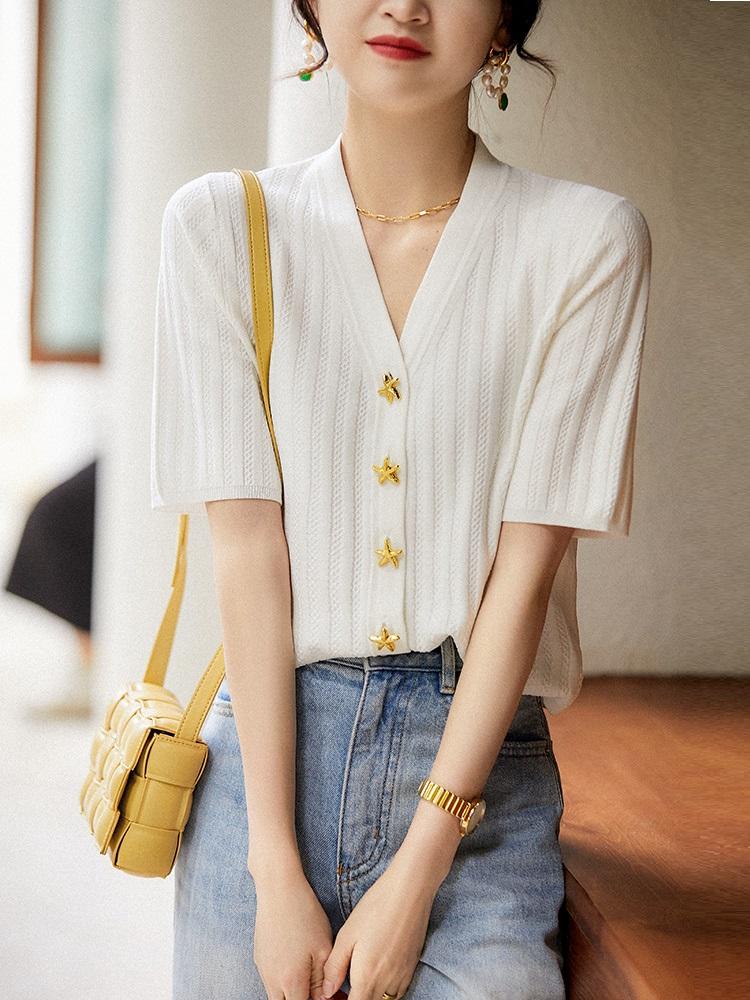 Women's Knits & Tees TuangBiang 2022 Ribbed Exquisite Button Women French Cardigan V-Neck Short Sleeve Black Cotton Single-Breasted Loose Kn
Women's Knits & Tees TuangBiang 2022 Ribbed Exquisite Button Women French Cardigan V-Neck Short Sleeve Black Cotton Single-Breasted Loose Kn