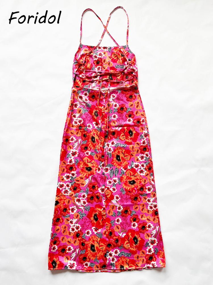 Foridol Backless Criss-cross Red Long Floral Dress Robe Female Sundress Sleeveless Boho Maxi Spaghetti Strap Lady Elegant Dress 220511