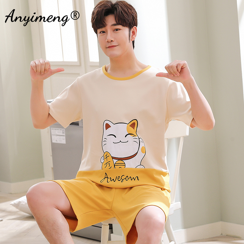 4XL Pajamas Set Cotton for Men Summer Shorts Home Suits Soft Casual Nightwear 3XL Pullover Cartoon Printing Fashion Pyjamas Man 220426
