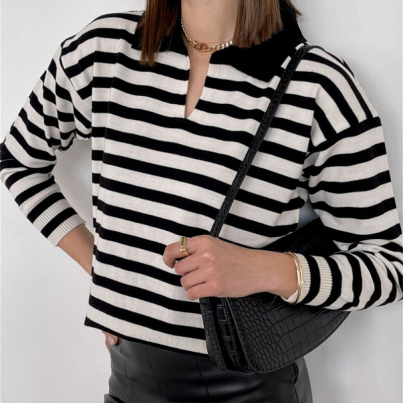 O Neck Vintage Striped Sweater Pullovers For Women Casual Loose Long Sleeves Jumpers Autumn Female Drop Shoulder Kintting Tops 220817