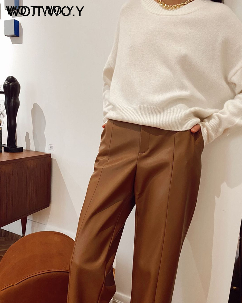 WOTWOY Elegant Spliced PU Leather Pant High Waist Office Lady Fomal Trousers Female Black Straight with Pockets 220325