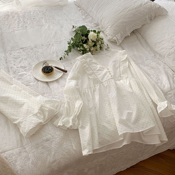 Women's Lolita Dots Pajama Sets.Stringy selvedge Tops+Long Pants.Vintage Ladies Dot Pyjamas Set.Victorian Sleepwear Loungewear 220329