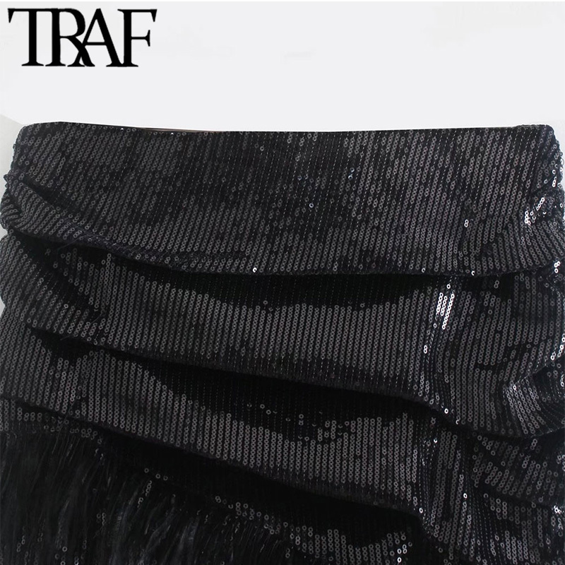 TRAF Women Chic Fashion With Tassel Pleated Sequin Party Mini Skirt Vintage High Waist Side Zipper Female Skirts Mujer 220322