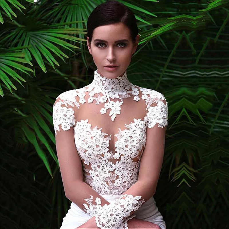 White Evening Dresses Satin Jewel Longsleeve Custom Applique Bow Button Mermaid Made Front Split Prom Dress Robe de mariée