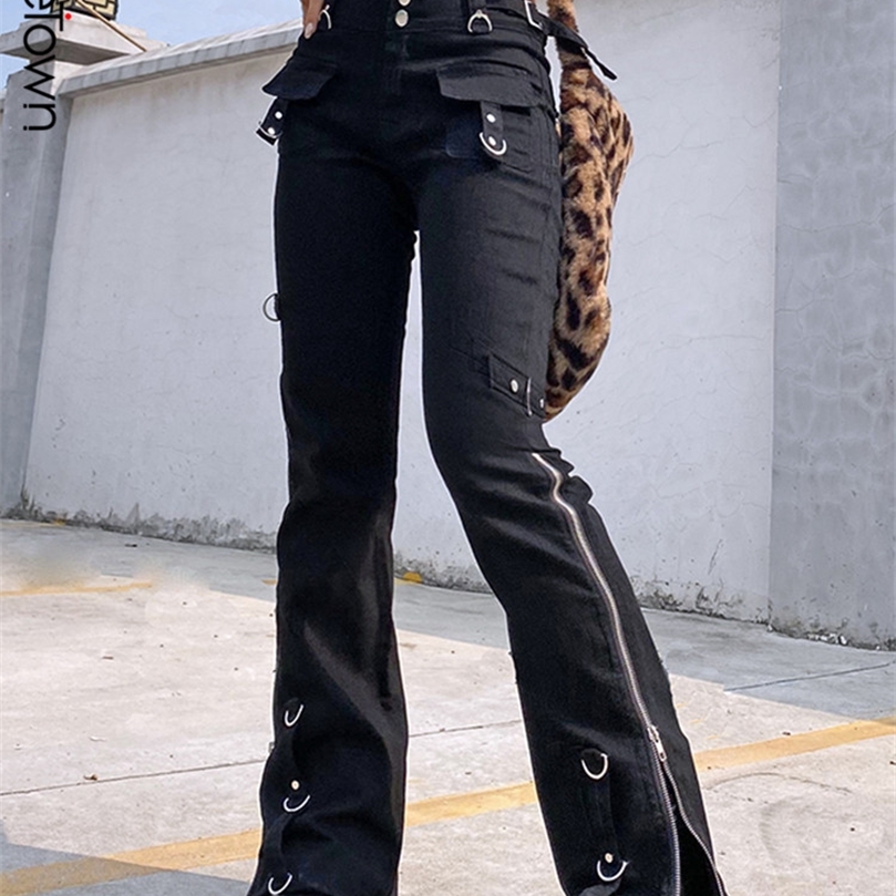 Sweetown Rivet Goth Black Jeans Dark Academic Girl Techwear Side Zipper Low Waist Straight Denim Trousers Women Streetwear 220815