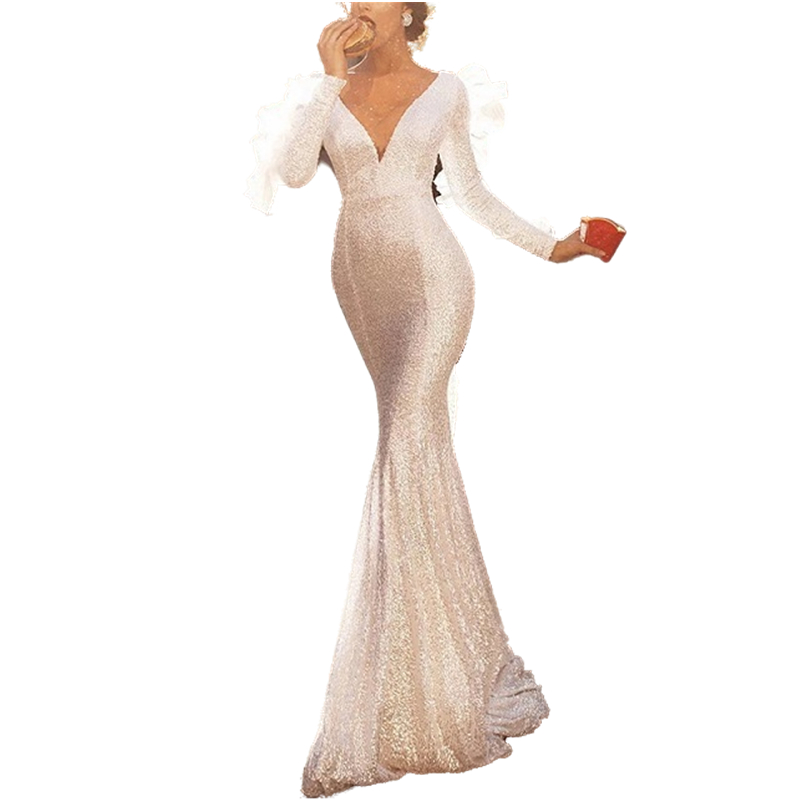 Glitter White Mermaid Wedding Dress For Women 2022 Chic Sparkly Sequined Long Sleeves Deep V-Neck Wedding Gowns Bridal Dresses