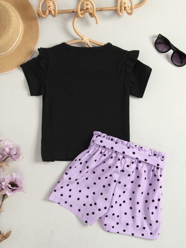 Toddler Girls Cartoon Graphic Tee With Paper Bag Waist Belted Shorts SHE