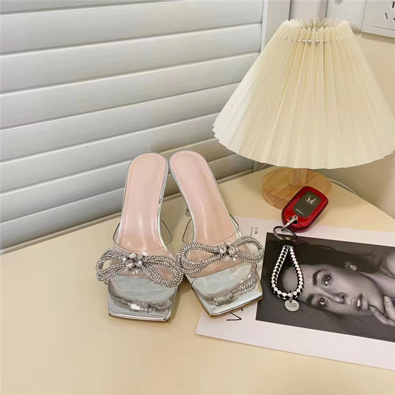 Summer Woman Square Head Sandals Rhinestones Bow High Heels MM Crystal Double Bow Tie Sandal Party PromHeels Size 35-40