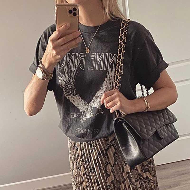 Super Chic Summer Round Neck Pullover Cotton Womens Tshirt Black Bing Eagle Print Tee Za