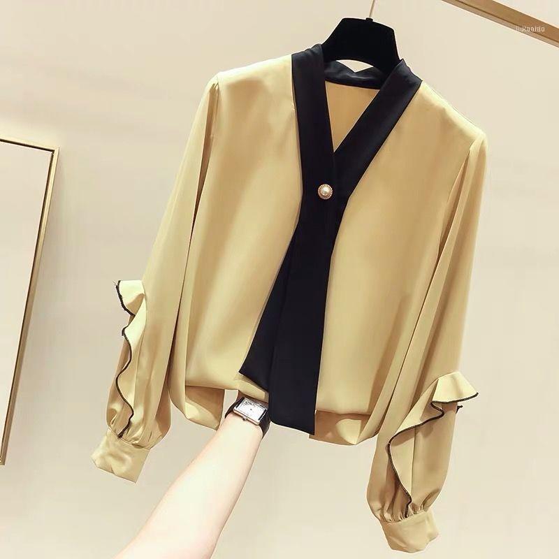 Women' Blouses & Shirts Spring Autumn Style Chiffon Shirt Ruffles V-Neck Long Sleeve Patchwork Korean Tops DF3877, Beige 
Women' Blouses & Shirts Spring Autumn Style Chiffon Shirt Ruffles V-Neck Long Sleeve Patchwork Korean Tops DF3877, Beige