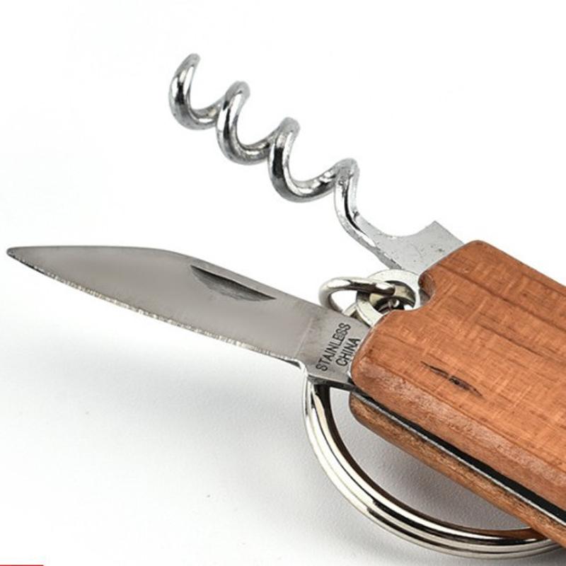 Openers Wooden Handle Bottle Keychain Knife Double Hinged Corkscrew Stainless Steel Key Ring Opening Tools Bar Free shipping