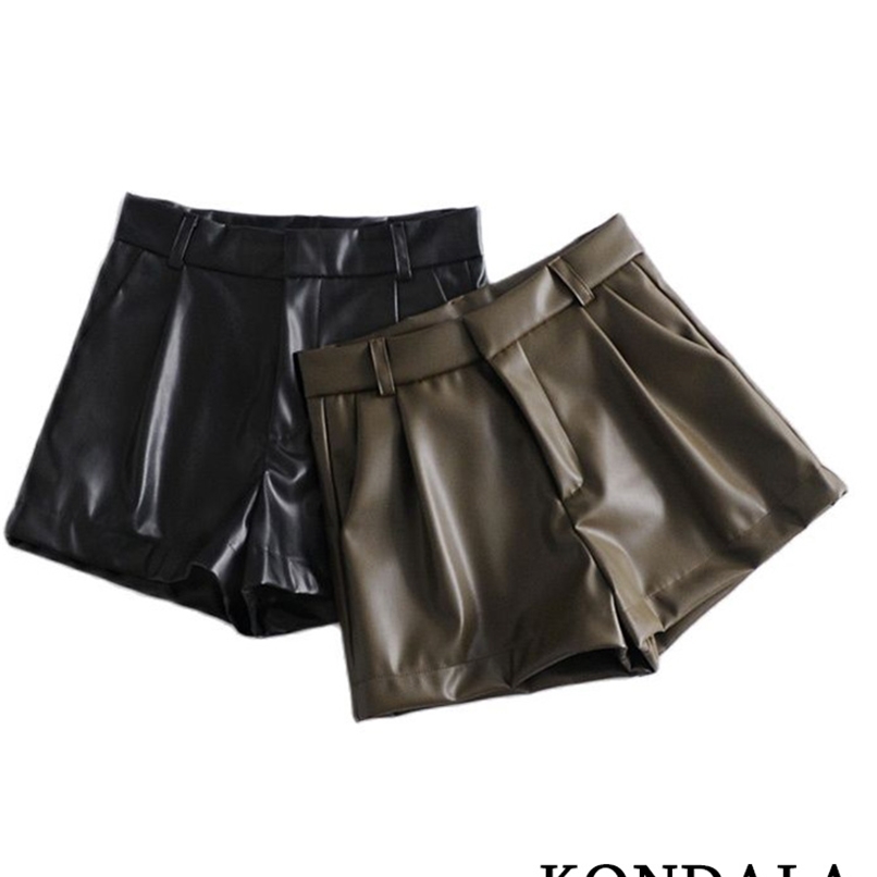 KONDALA Women s Shorts Vintage PU Leather High Waist Undefined Drapped Trousers Female Office Wear 220629