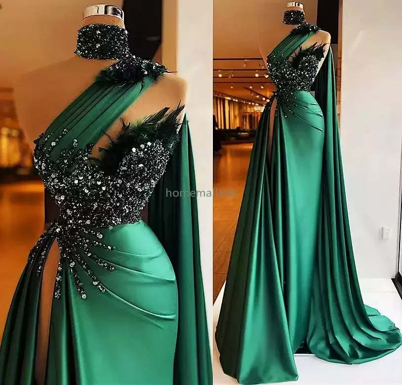 Sexy Hunter Green Satin Mermaid Prom Party Dresses One Shoulder High Neck Beaded Feather Plus Size Formal Evening Occasion Gowns
Sexy Hunter Green Satin Mermaid Prom Party Dresses One Shoulder High Neck Beaded Feather Plus Size Formal Evening Occasion Gowns