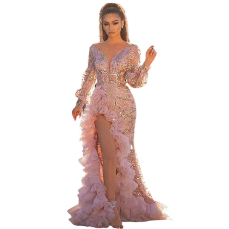 Evening Party Women Elegant Sexy V Neck Split Side Ruffles Pink Dress Night Club Prom Wedding Long Maxi Plus Size Free shipping