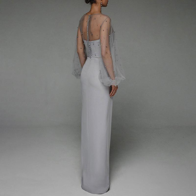 Casual Dresses Evening Party Dress Women Elegant Puff Sleeve White Formal High Waist Split Hollow Out Mesh Prom Wedding Long Maxi Fre